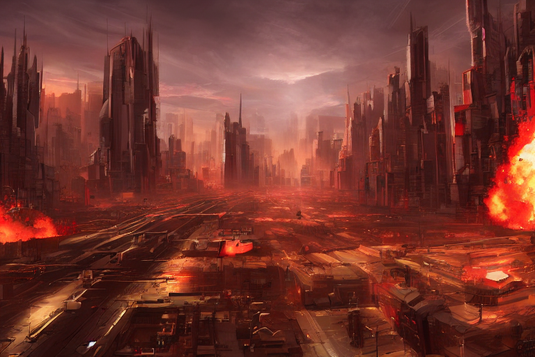 Cyperpunk style futuristic city at war